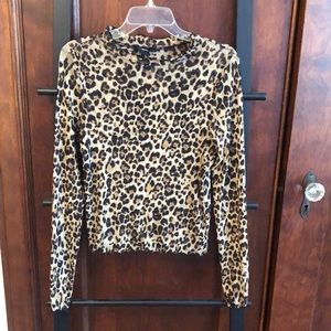 Sheer mesh stretchy long sleeve lettuce edge top cheetah print